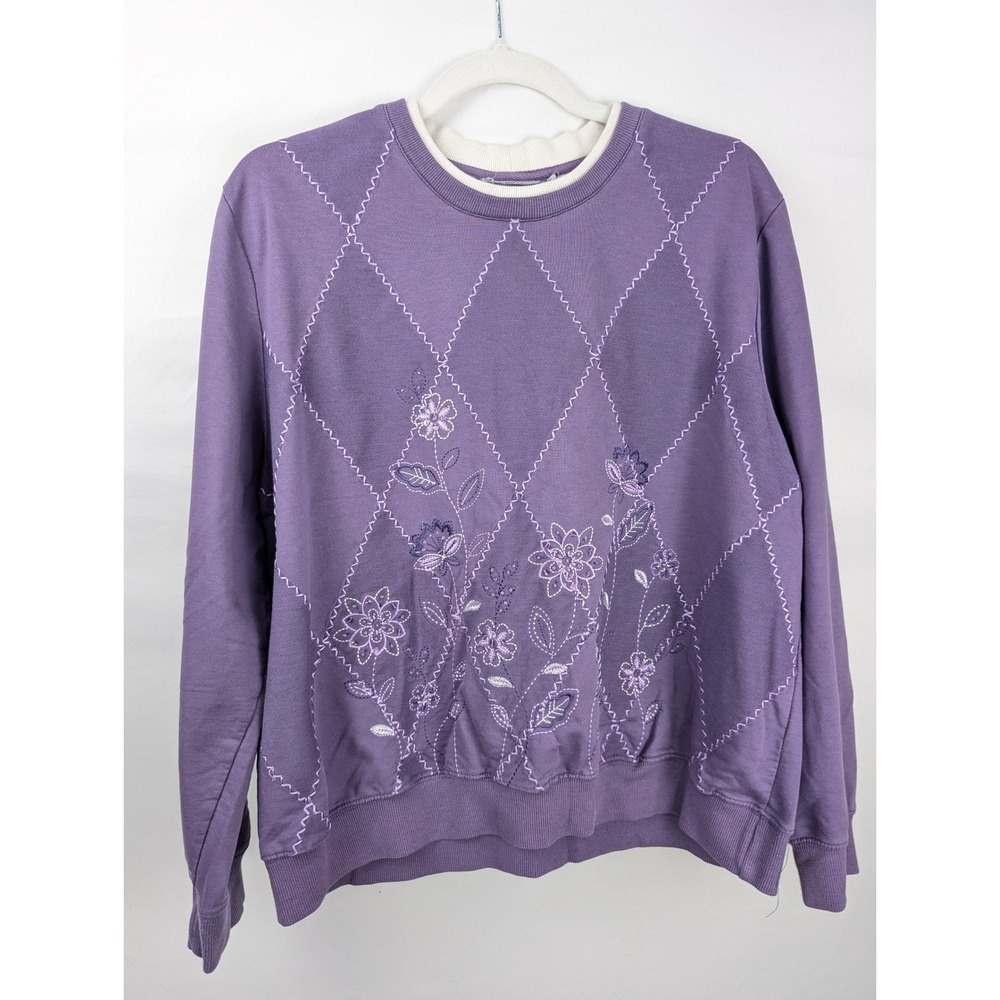Vintage 90s Floral Embroidered Sweatshirt Size L Purple Argyle Cottage Granny